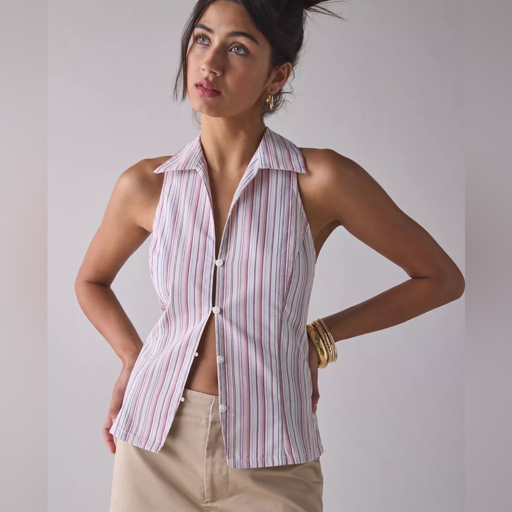 Urban Outfitters Pink Stripe Halter Collar Button Tank